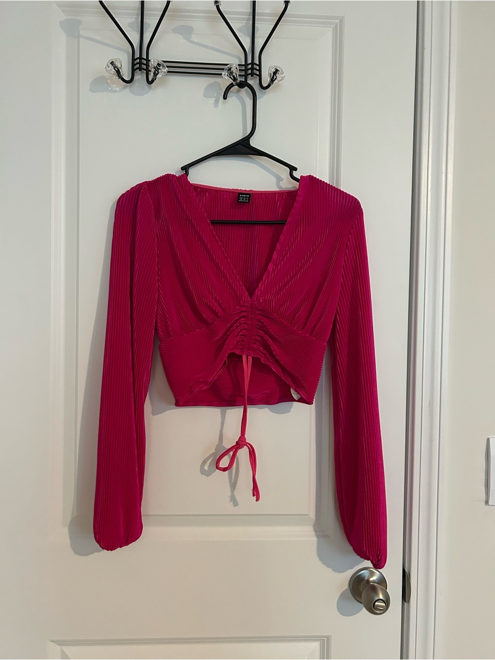 SHEIN Hot Pink Ruched V-Neck Long Sleeve Crop Top